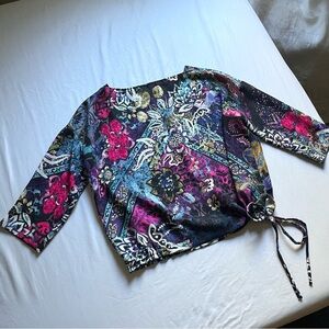 FUZZI navy floral print multicolor boat‎ neck boxy long sleeve shirt